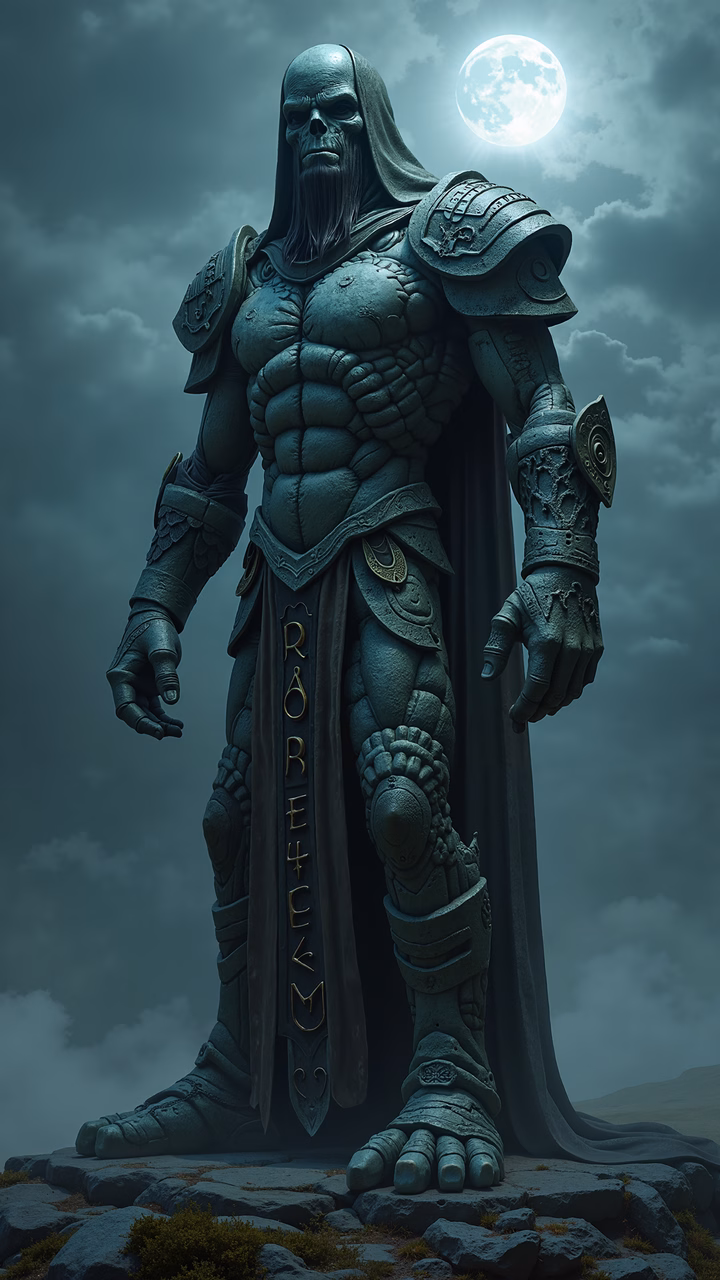 Mystical warrior statue under a moonlit sky.