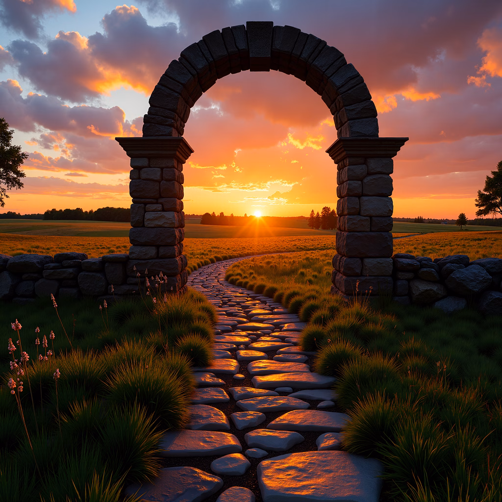 Stone archway leading to a beautiful sunset landscape