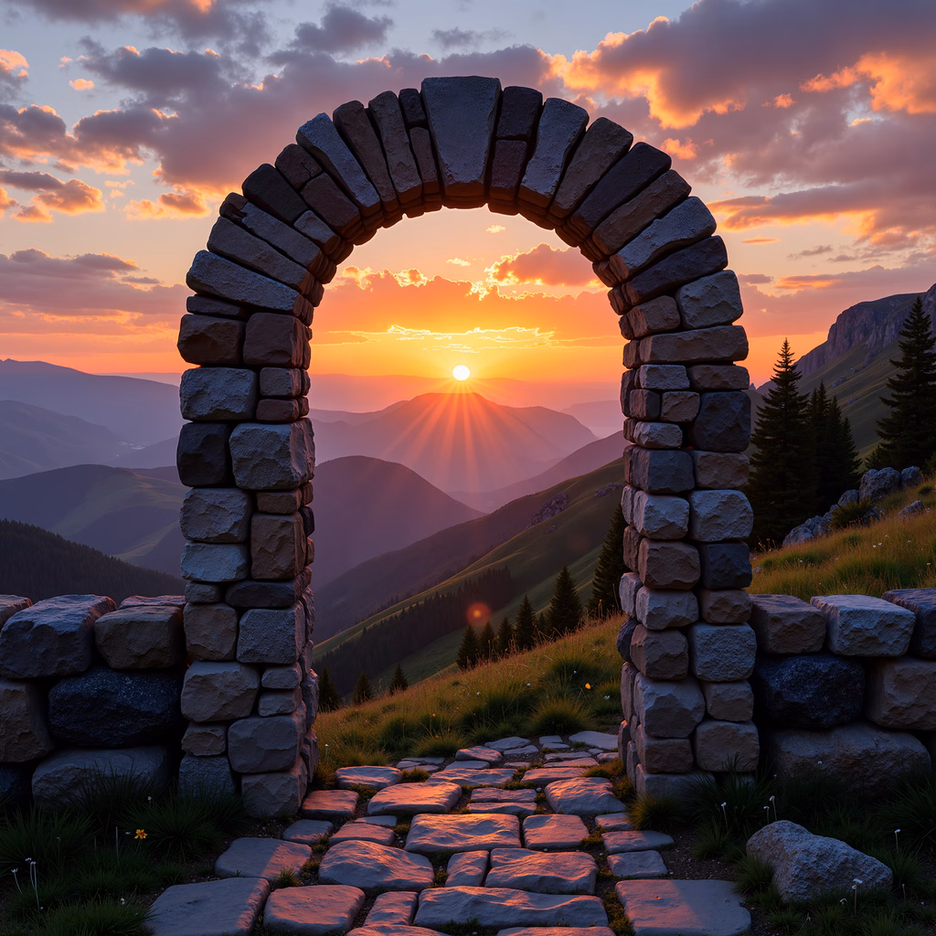Stone archway leading to a stunning sunset over mountains.