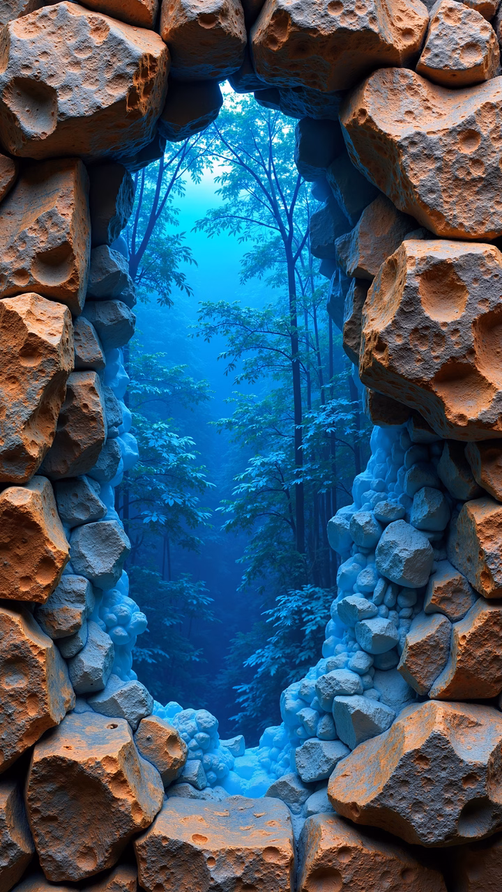 Mystical stone portal leading to a tranquil enchanted forest.