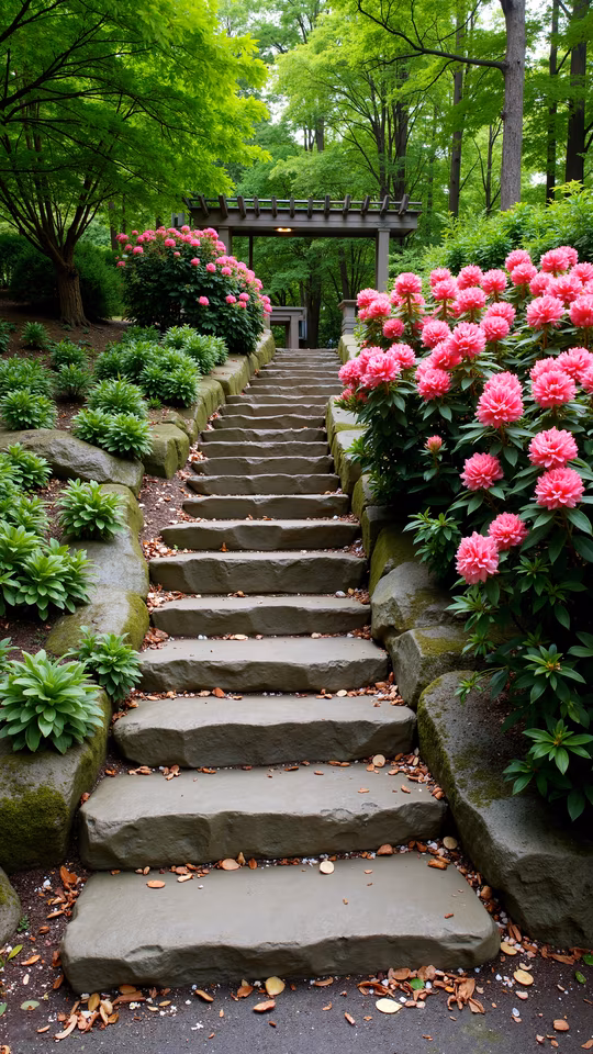 Stone Staircase with Pink Flowers