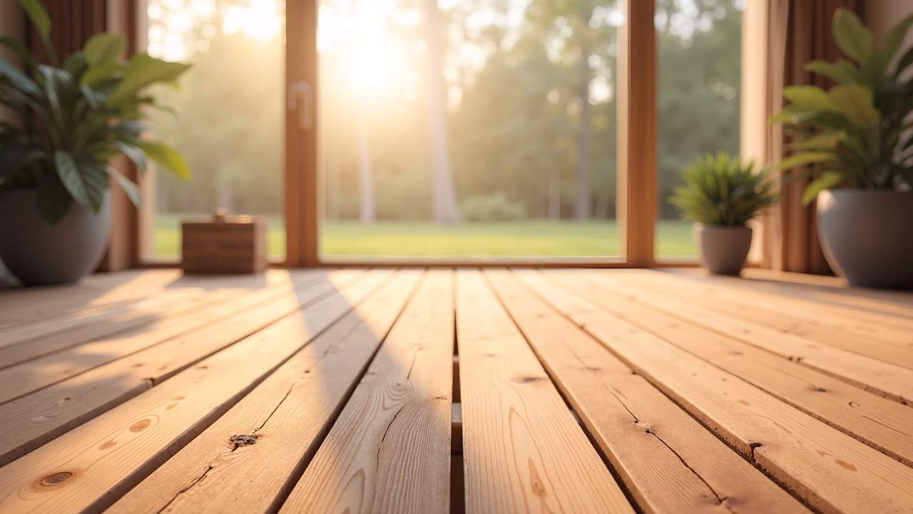 A peaceful wooden porch illuminated by natural sunlight, perfect for relaxation.