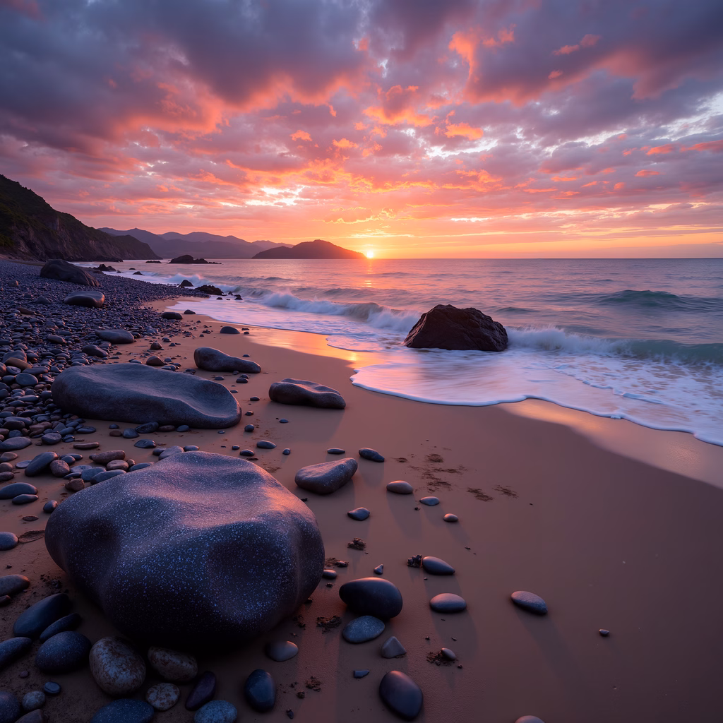 A tranquil sunset scene on a beach with rocks and waves.