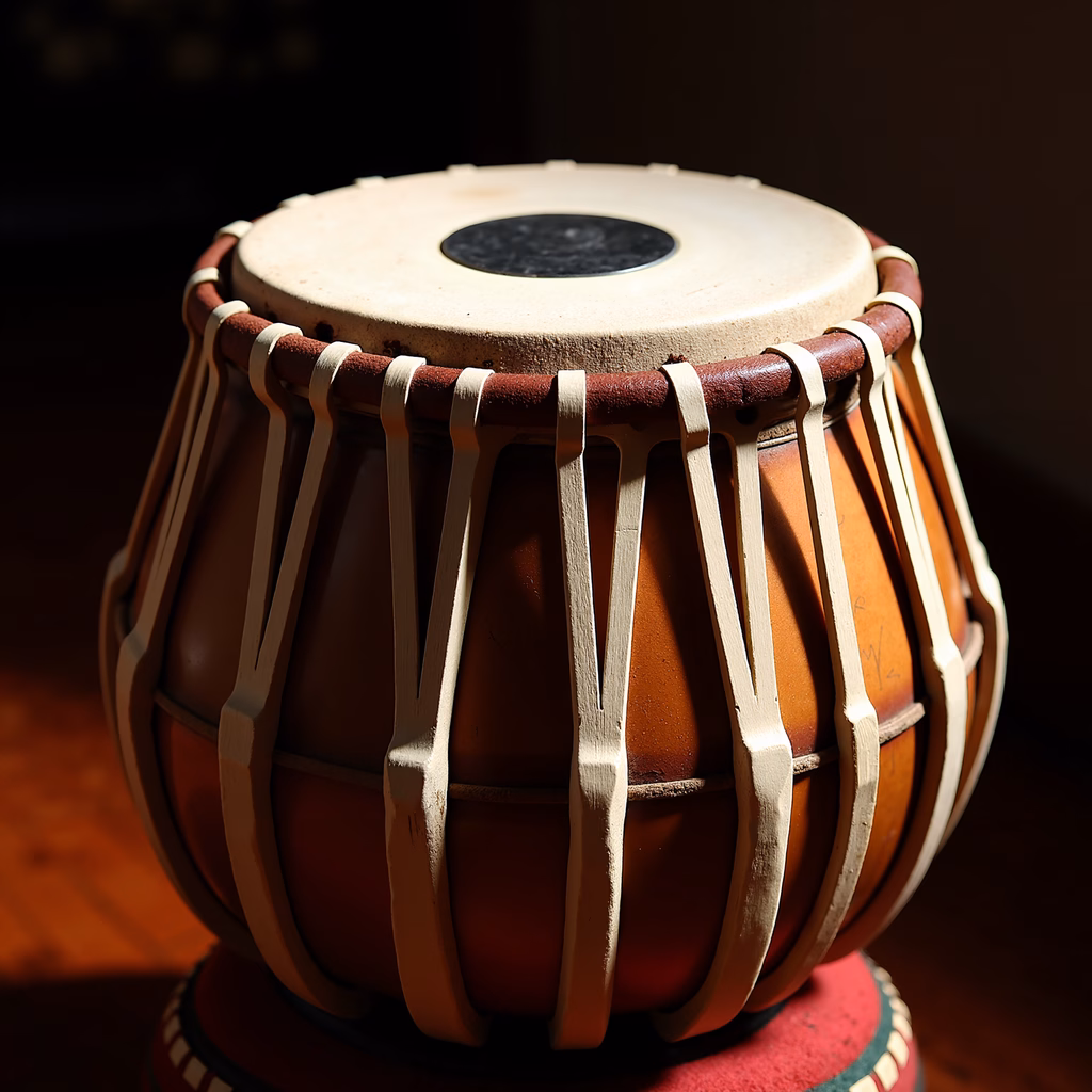 Close-up of a tabla drum with intricate leather straps and a wooden body, captured in warm lighting.