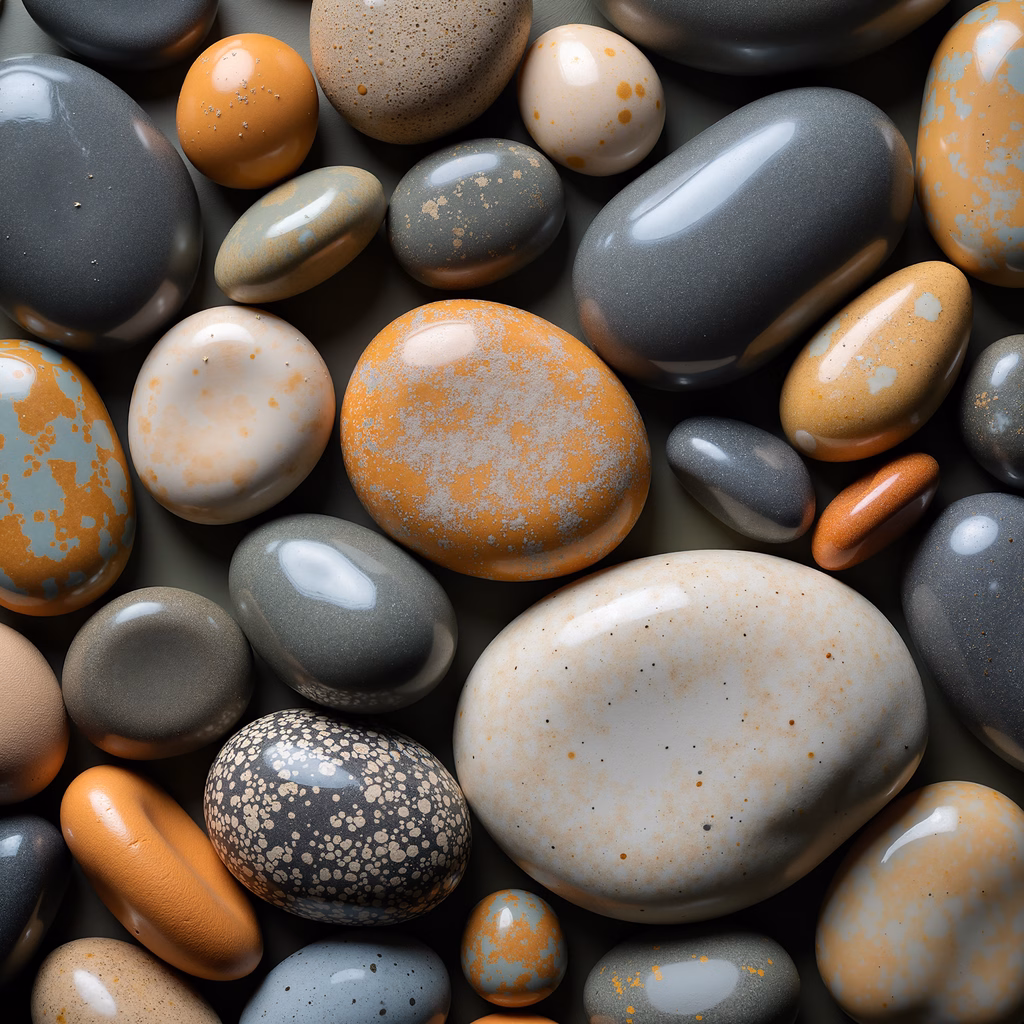 Illustrated pebbles with textured surfaces and earthy tones.