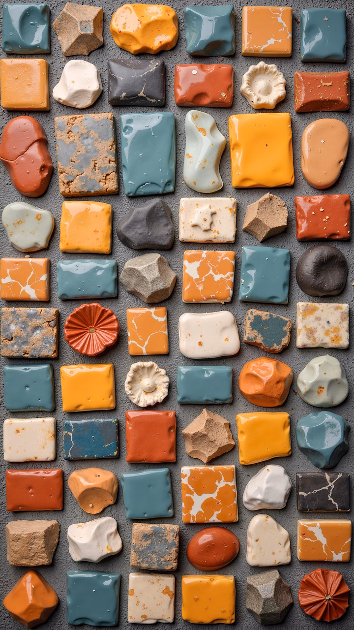 A detailed illustration of textured tiles in a vibrant color palette.