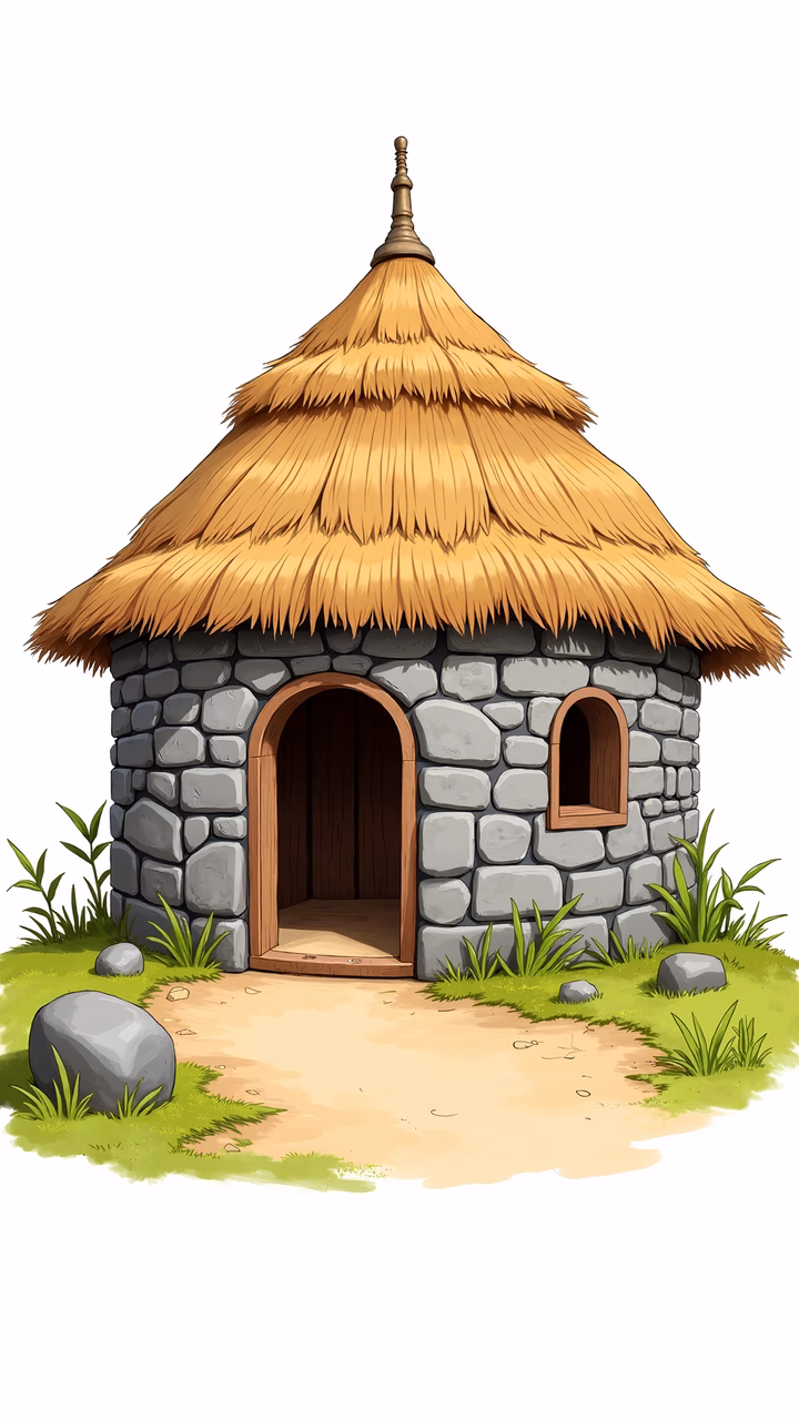 A cozy thatched cottage with stone walls and wooden doors, set in a rustic landscape.