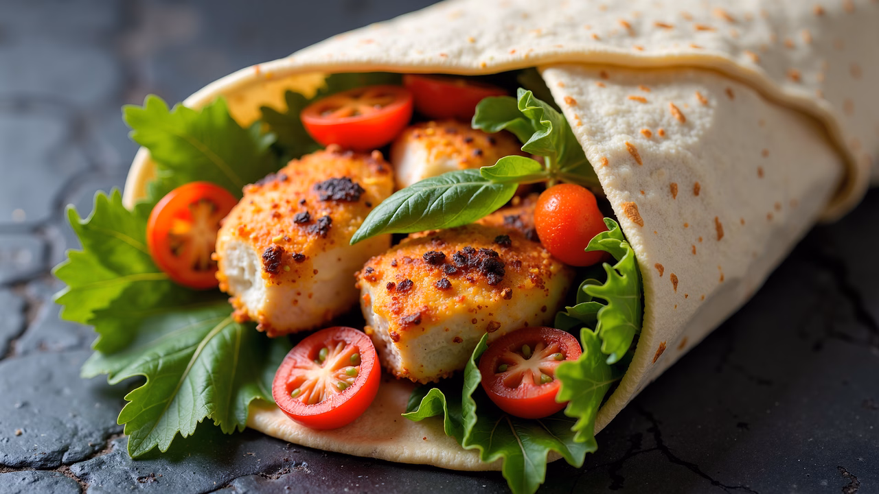 Close-up of a tortilla wrap filled with chicken and vegetables on a dark background.