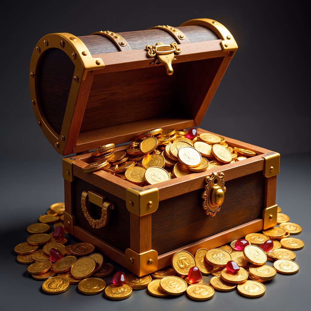 A treasure chest overflowing with gold coins and gemstones, symbolizing wealth and adventure.