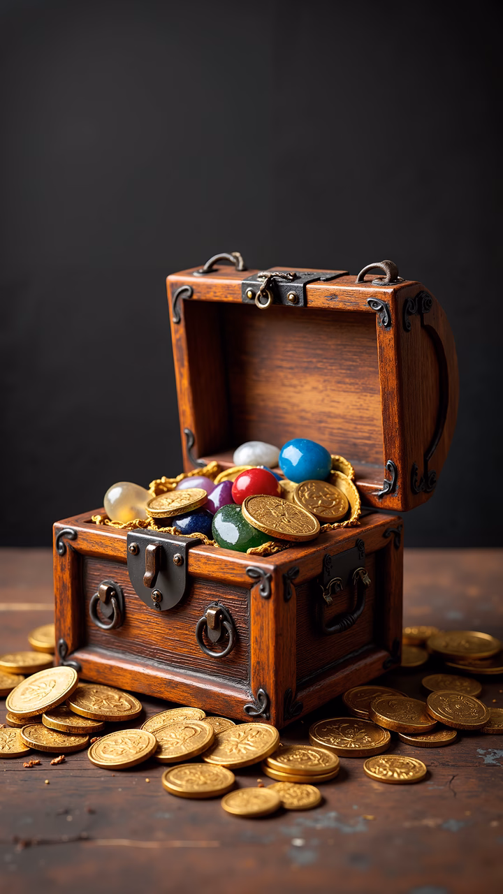 A mysterious treasure chest filled with colorful gemstones and golden coins, set against a dark backdrop.