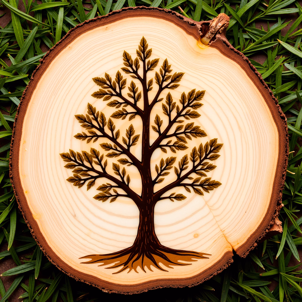 Intricate tree of life etched into wood, vibrant green grass backdrop.