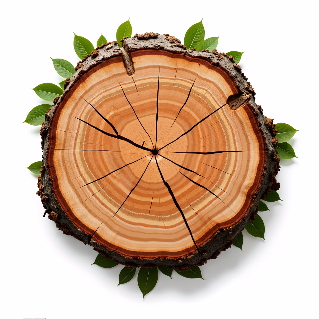 Close-up view of tree rings with vibrant green leaves, showcasing nature's intricate patterns.