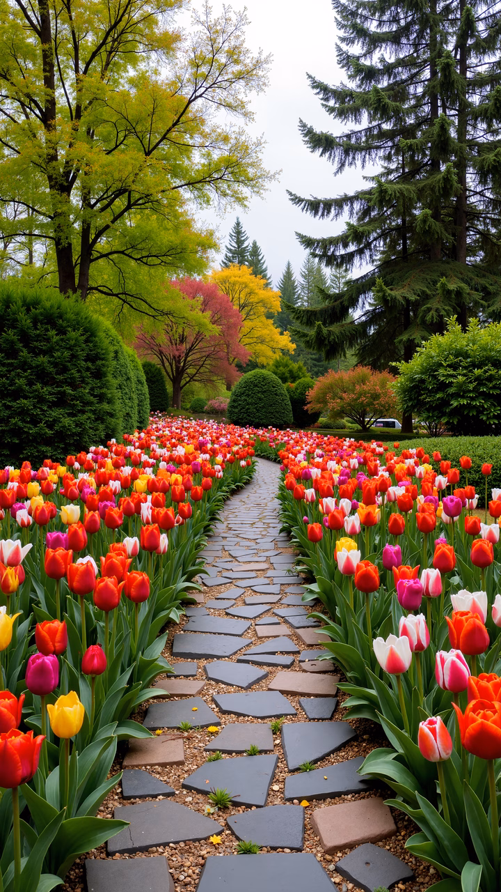 A picturesque tulip garden path surrounded by colorful blooms and lush greenery.