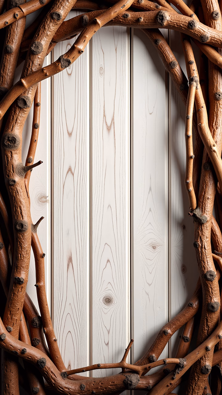 Close-up of twisted branches framing wooden planks, rustic charm, natural beauty