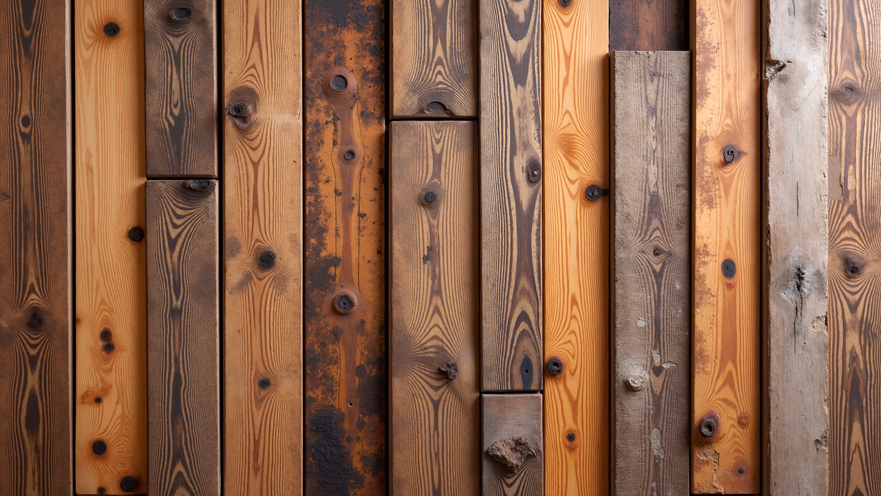 A collection of wooden planks with varied colors and textures.
