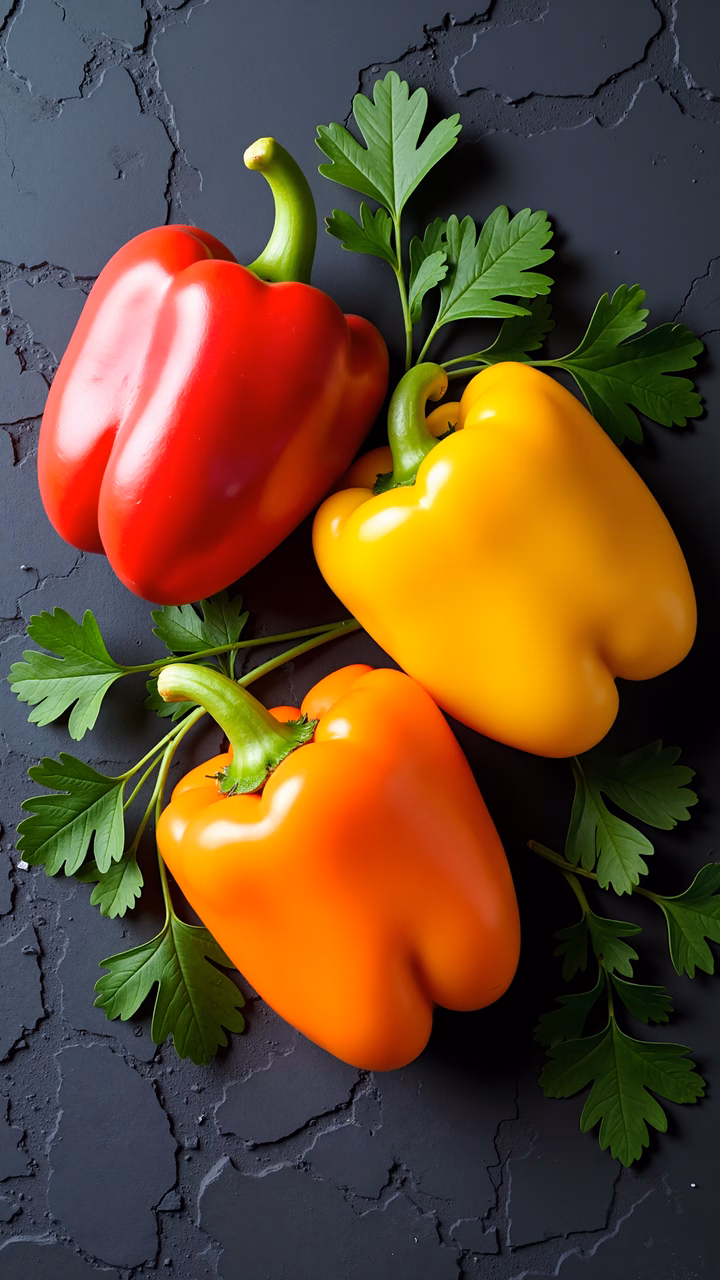 Bright bell peppers on a dark textured background