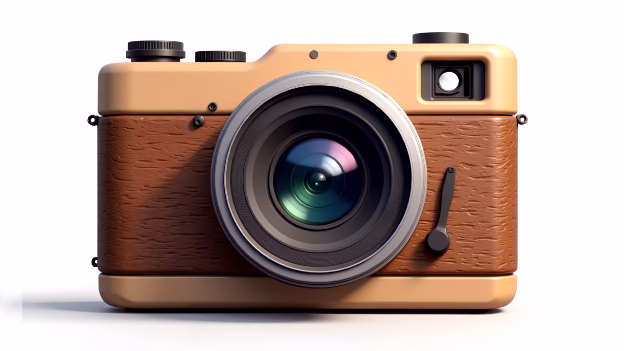 Illustrated vintage camera with wooden texture and classic design details.