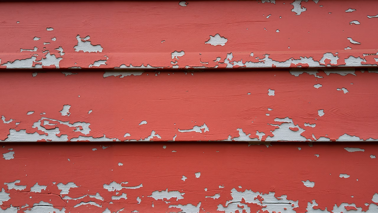 Close-up of weathered red planks revealing aged wood beneath peeling paint.
