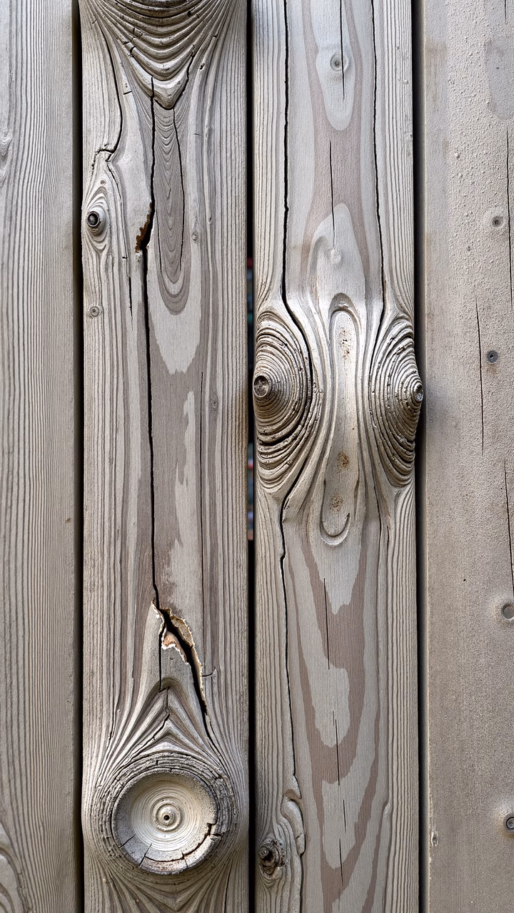 Close-up of weathered wood grain and knots, showcasing natural textures and muted tones.