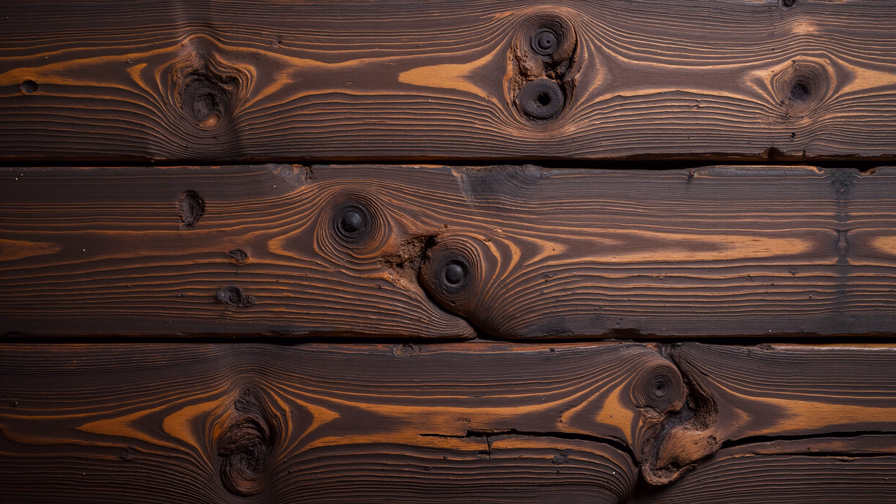 Close-up of weathered wooden planks with rich textures and natural imperfections.