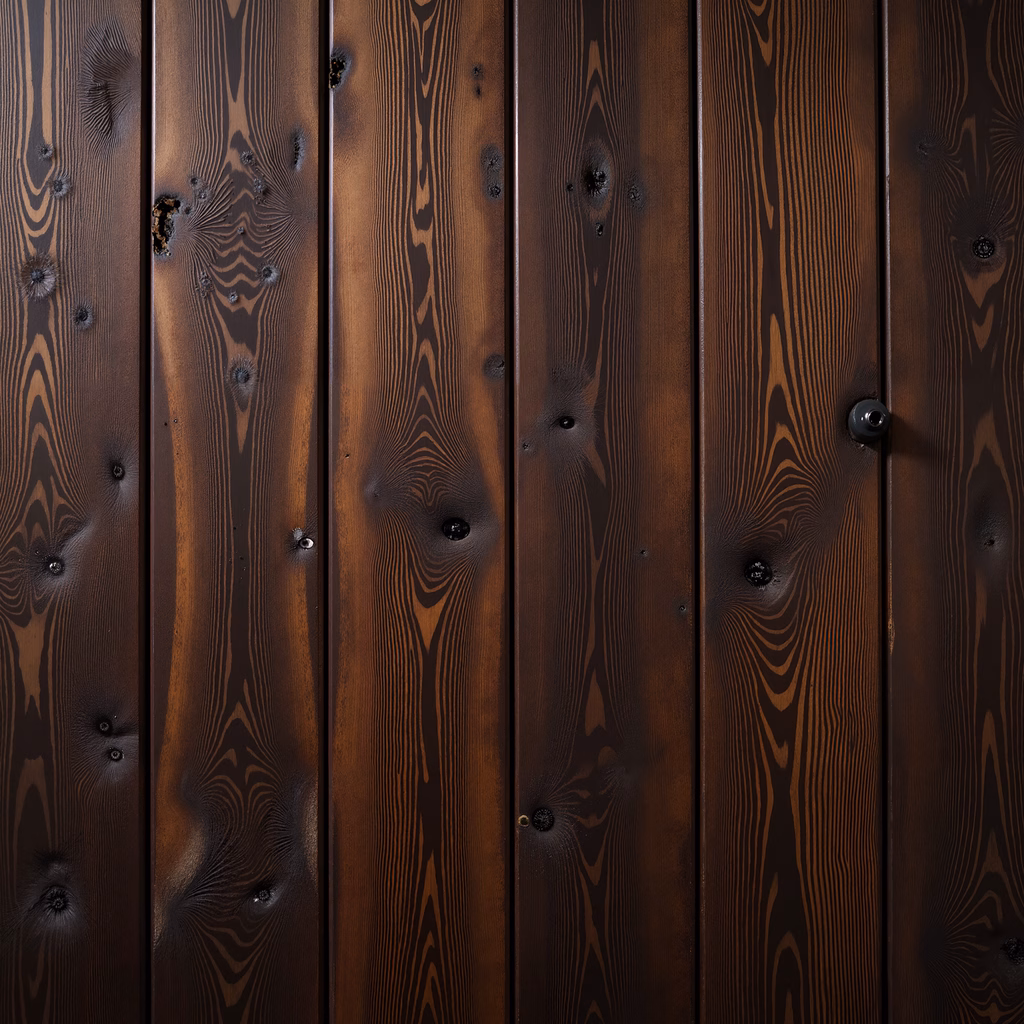 Close-up of weathered wooden planks with rich, dark brown tones and vertical grain lines.