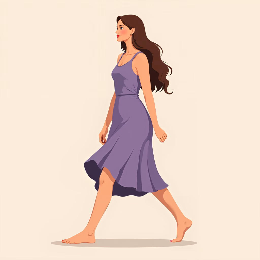 Graceful woman walking barefoot in a flowing purple dress against a soft pastel background.