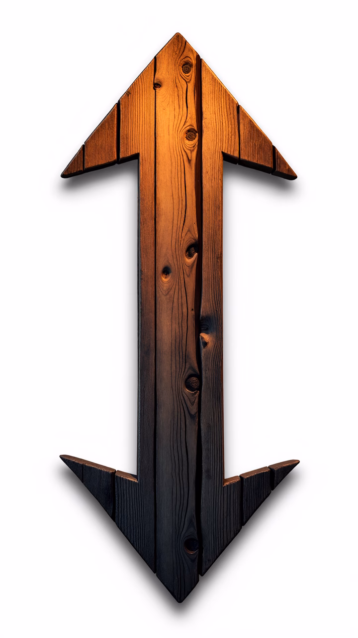 A detailed, realistic wooden arrow pointing upward, symbolizing direction and progress.