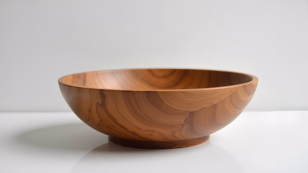 Close-up of a polished wooden bowl on a white background.