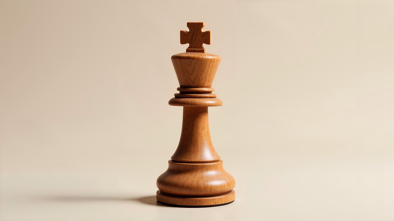 Close-up of a wooden chess king piece, highlighting its craftsmanship and warm tones.