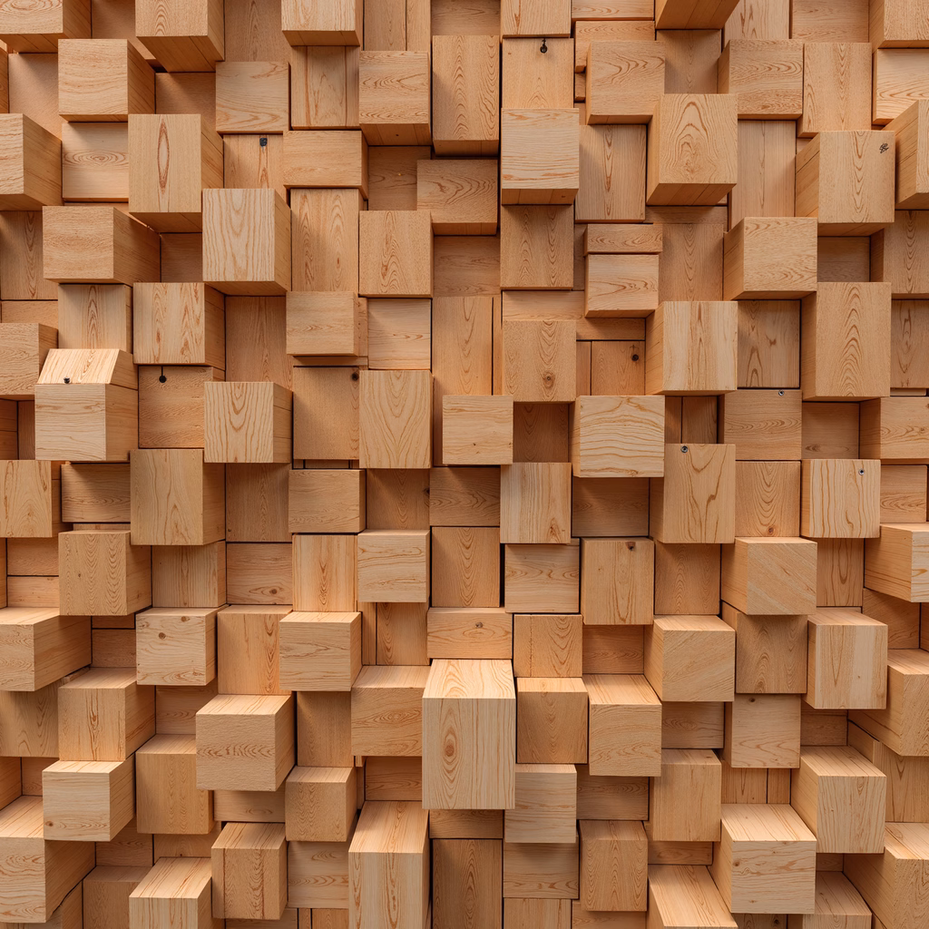 A visually engaging abstract artwork featuring wooden cubes creating a textured wall.