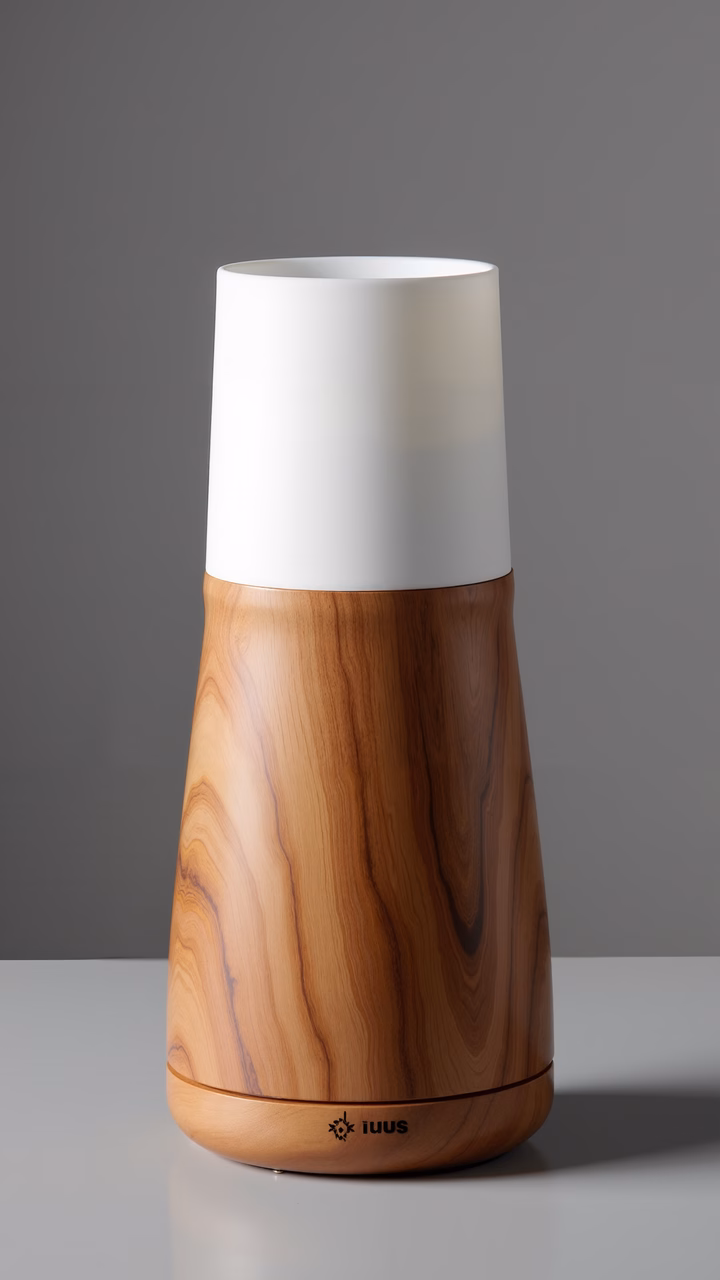 Sleek wooden diffuser with natural grain and white top, minimalist design.