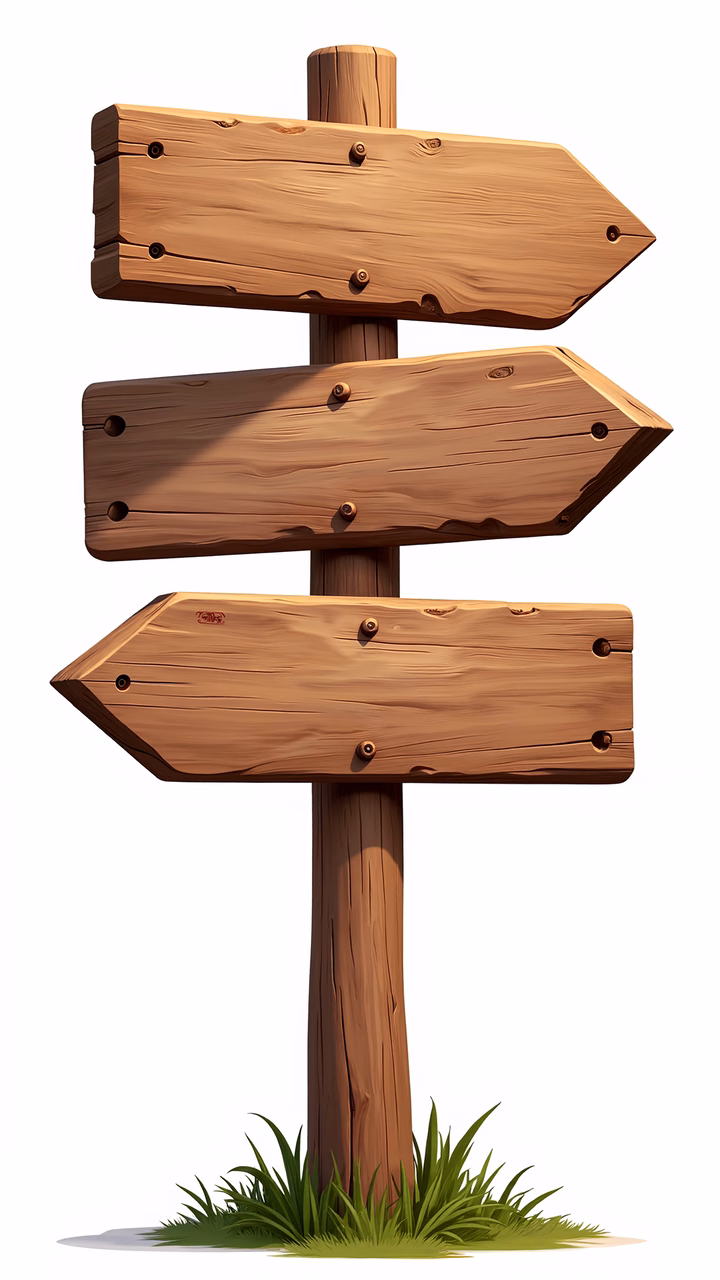 Illustrated wooden directional signpost with three arrows, clean background, rustic charm.