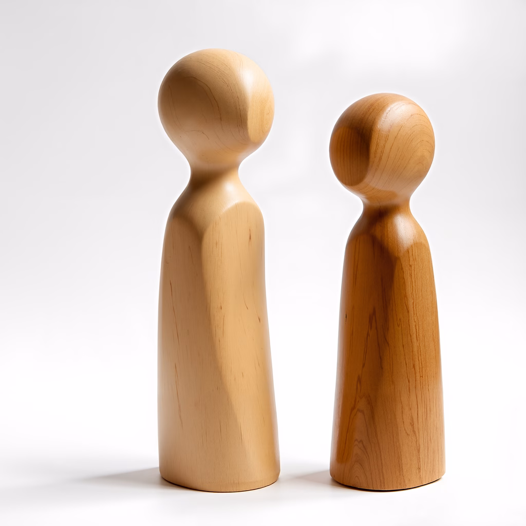 Minimalist wooden figures against a white backdrop