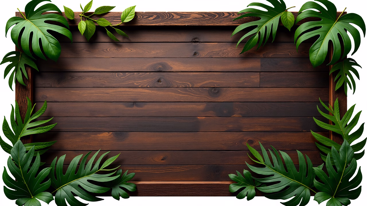 Dark wooden frame with tropical leaves, elegant design, tranquil atmosphere.