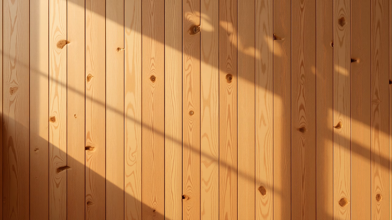 Warm wooden panels with natural light and shadows, architectural beauty.