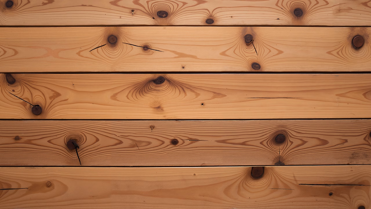 Close-up of wooden planks with natural grain patterns and warm tones.