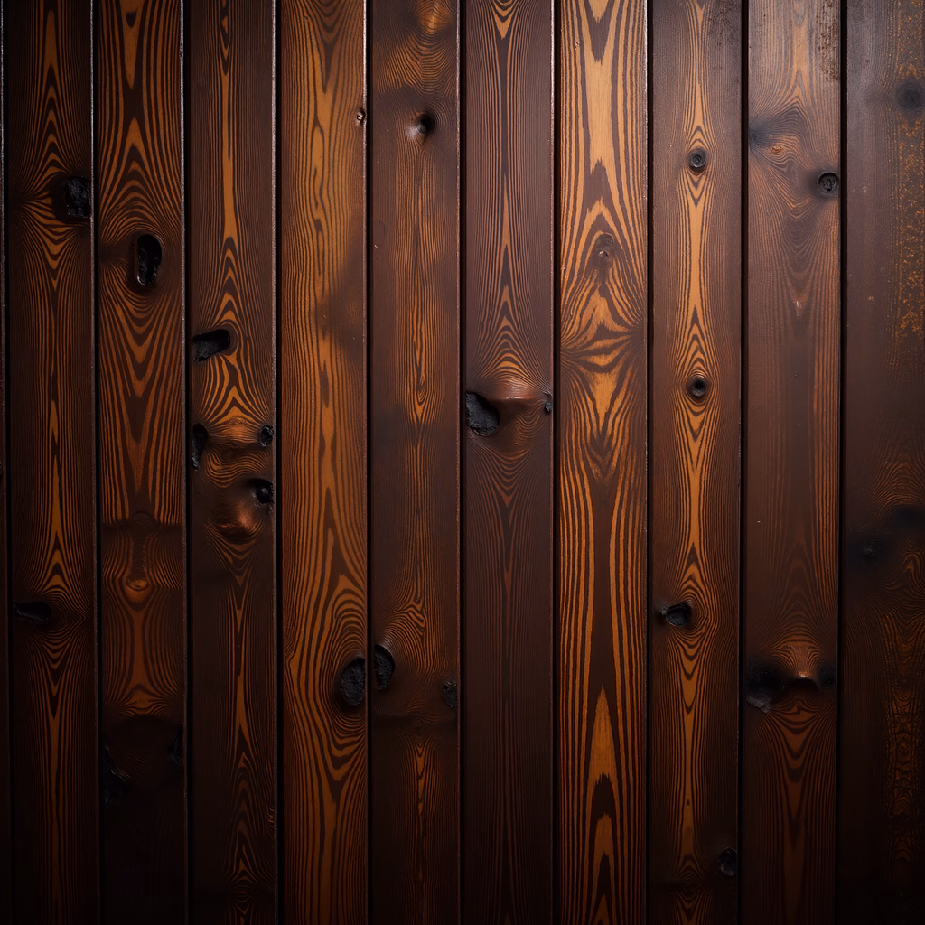 Close-up of wooden planks with intricate grain patterns and warm brown tones.