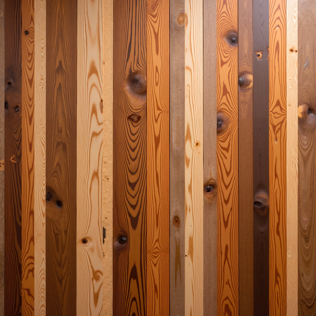 Close-up of vertical wooden planks with intricate grain patterns and warm tones.