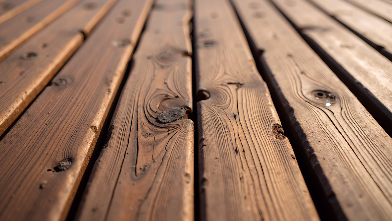 Close-up of wooden planks with natural grain patterns and knots, evoking a rustic and authentic feel.