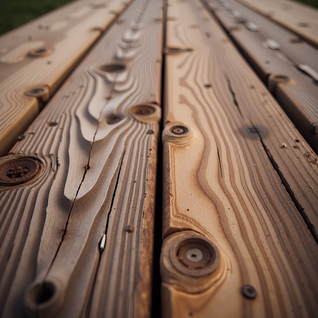 Close-up of wooden planks showcasing natural grain and knots in warm tones.
