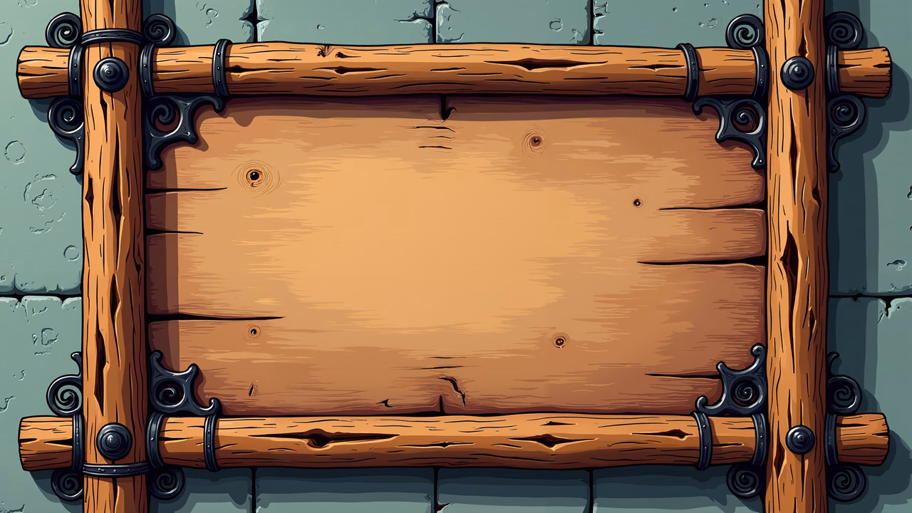 Rustic wooden signboard with metal hinges on a stone background.