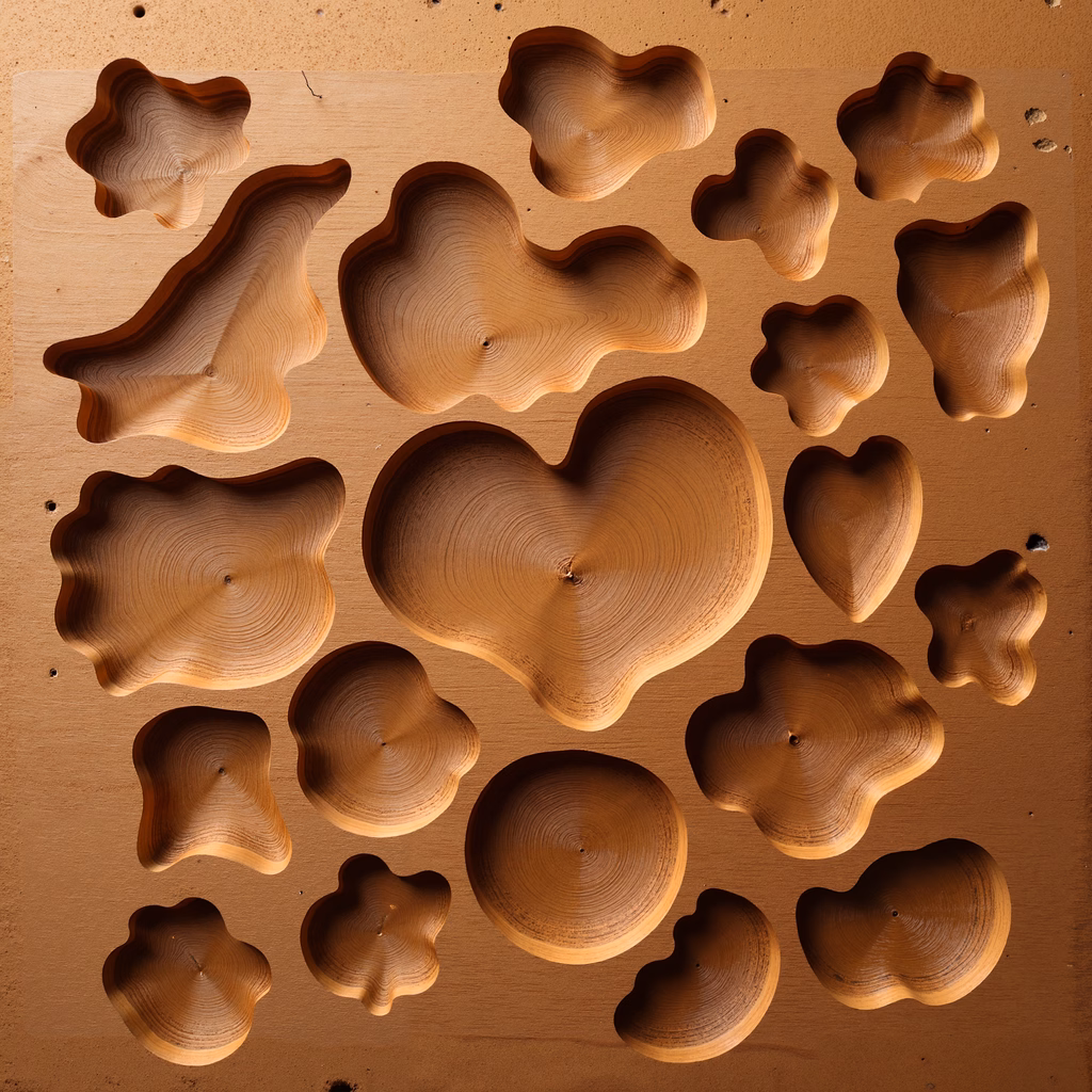 Intricate wooden trays arranged on a wooden surface, showcasing natural textures and organic shapes.