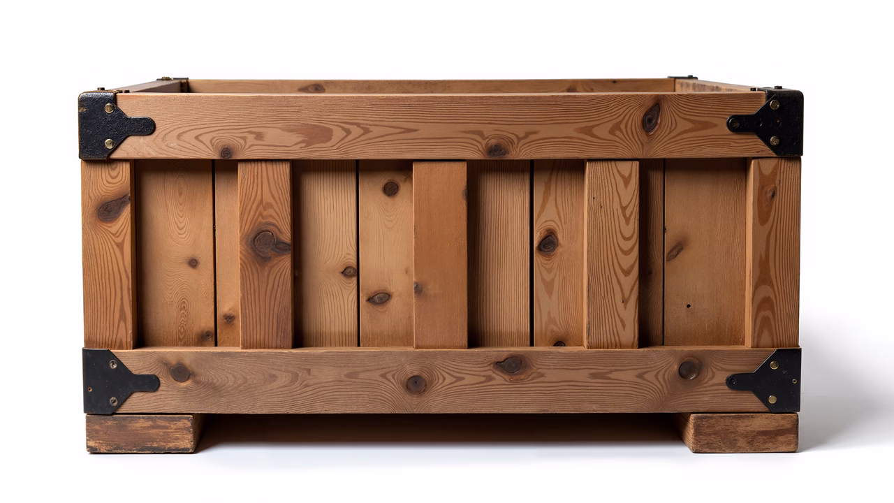 Rustic wooden trunk with natural wood grain and metal reinforcements.