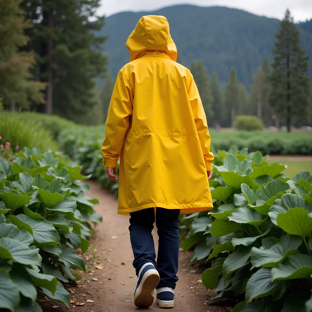 Solitary journey through nature in a bright yellow raincoat.