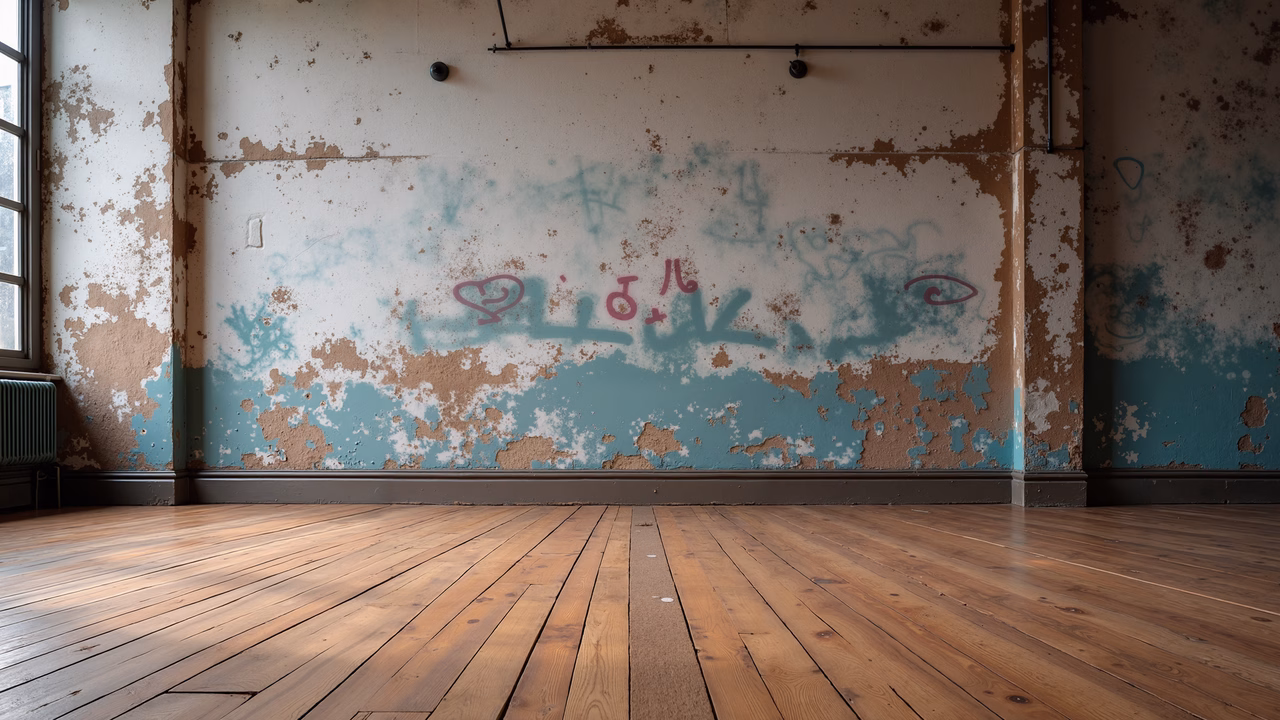 Decaying walls, peeling paint, abandoned room, urban exploration, nostalgia, solitude