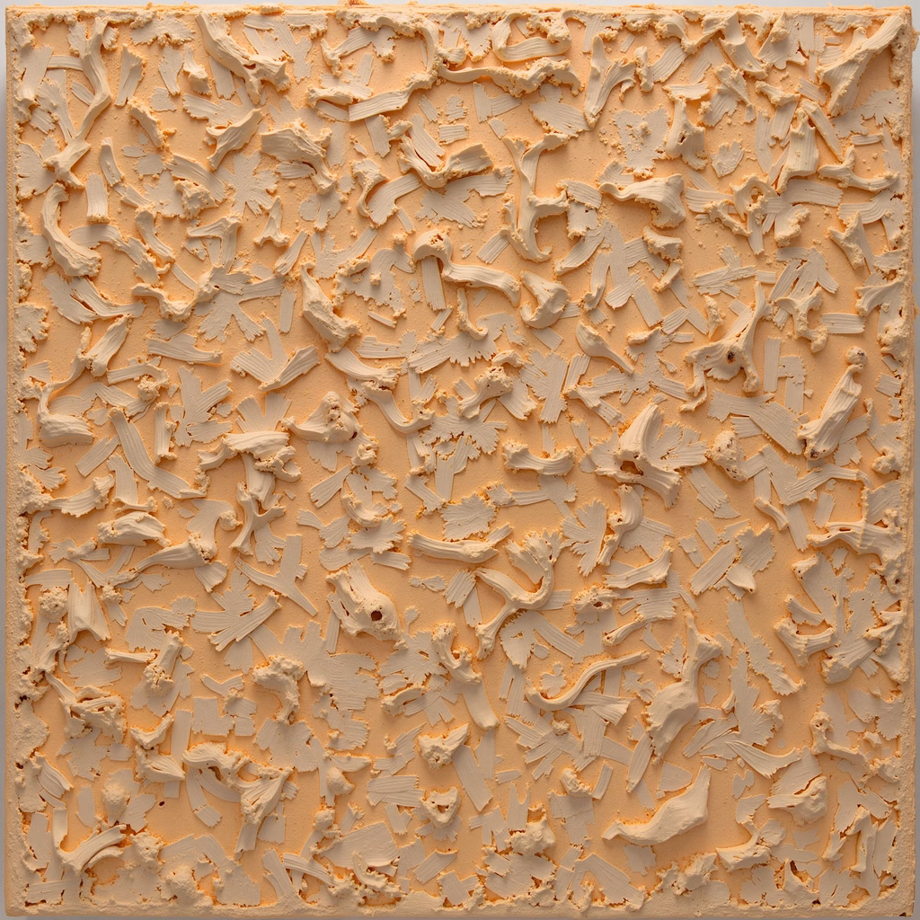 Minimalist abstract painting with textured white strokes on a peach background.