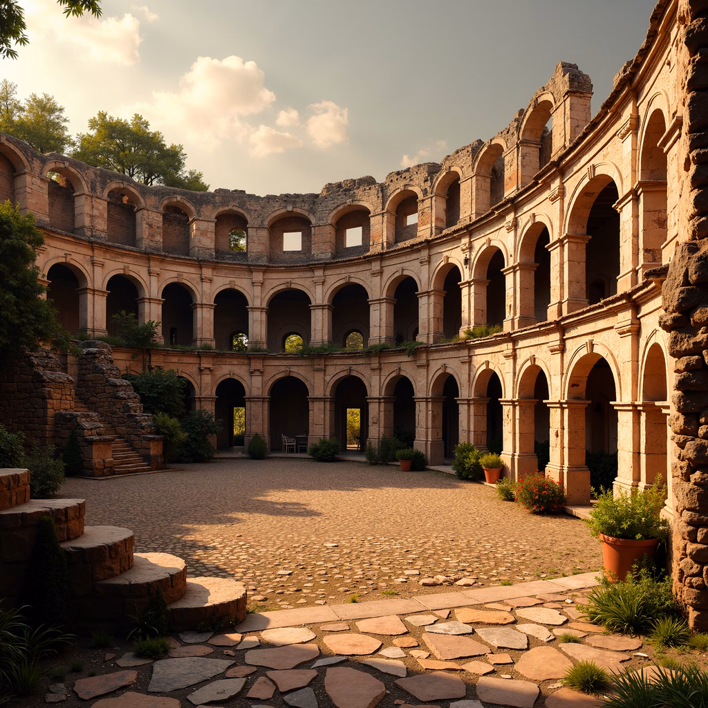 A peaceful ancient courtyard with stone arches and lush greenery under warm sunlight.