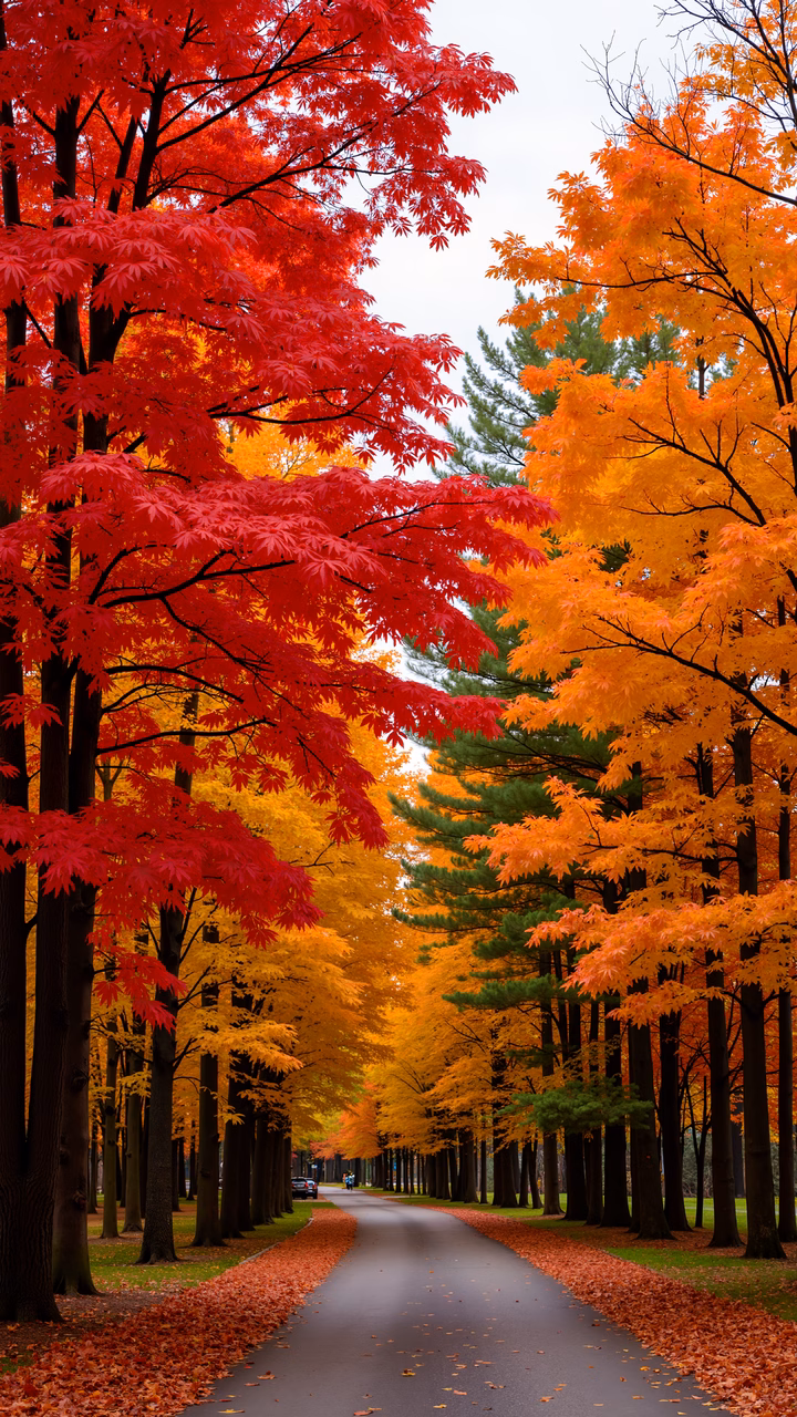 Vibrant autumn leaves line a peaceful pathway under a cloudy sky, capturing the essence of fall.