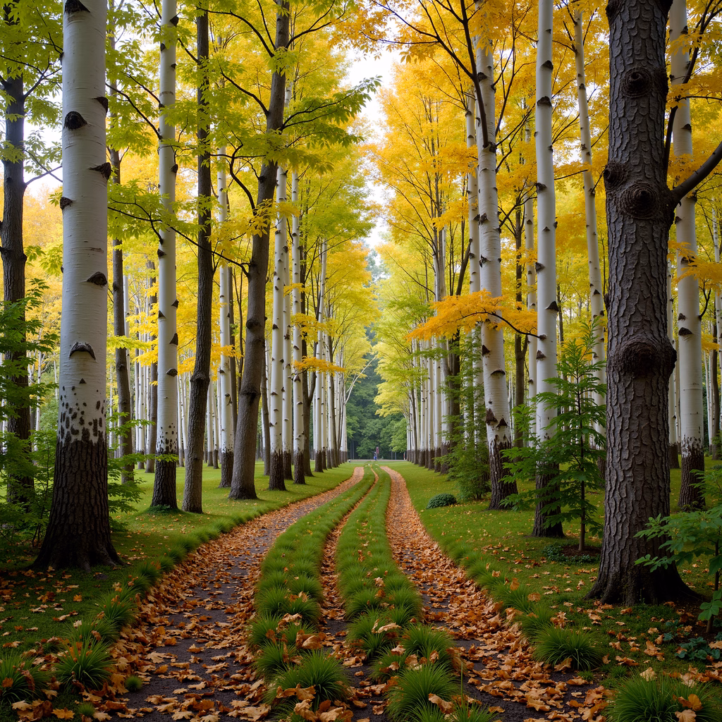 A peaceful autumn pathway lined with birch trees, showcasing vibrant foliage and serene surroundings.