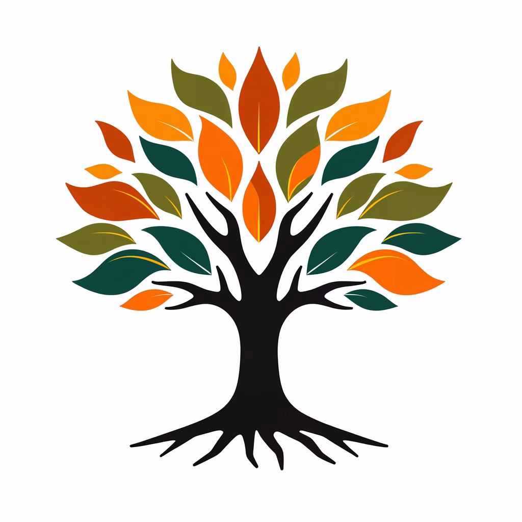 A silhouette of a tree with colorful autumn leaves, symbolizing nature and change.
